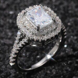 🌸DOUBLE LAYER 14K WHITE GOLD RADIANT CUT PURE CZ LUXURY WEDDING RING, K856